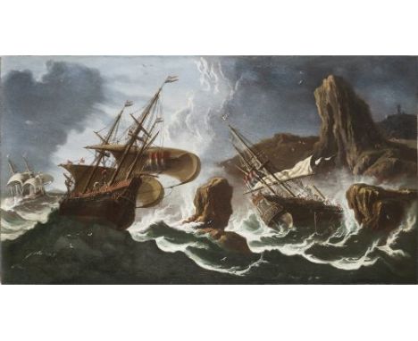LUDOLF BAKHUIZEN 1630 - 1708: STORM AT SEA 1660-1670 Oil on canvas 74 x 134,5 cm The seascapes of Ludolf Bakhuizen (also refe