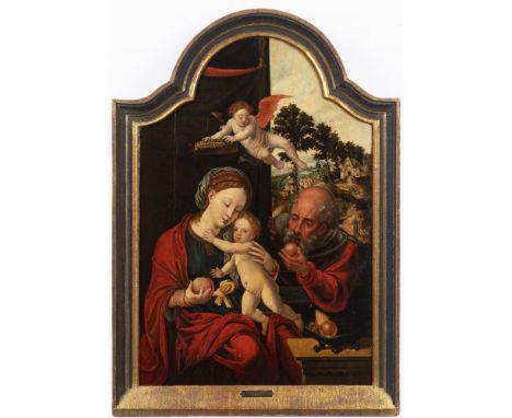 PIETER COECKE VAN AELST (follower) 1502 - 1550: THE HOLY FAMILY WITH AN ANGEL Second quarter of 16th century Oil on wood pane