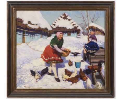JOZEF TEODOR MOUSSON 1887 - 1946: IN THE YARD 1920s Oil on canvas 74 x 81 cm Signed lower left: T. Mousson The work of this S