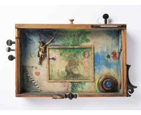 OTAKAR SCHINDLER 1923 - 1998: ADAM AND EVE IN PARADISE 1940s-50s Mixed media, drawing, oil, metal, wood, violin pegs and stri