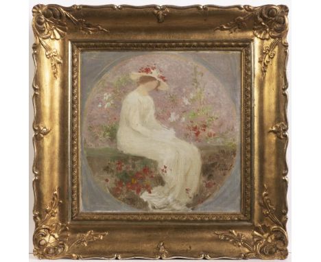 MAX ŠVABINSKÝ 1873 - 1962: SEATED YOUNG WOMAN After 1896 Oil on canvas and paperboard 22,6 x 22,6 cm Signed lower right: "M. 