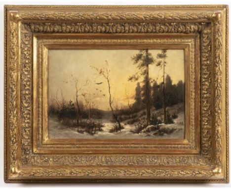 ANTONÍN CHITTUSSI 1847 - 1891: FOREST LANDSCAPE WITH AVIFAUNA IN WINTER Cca 1880 Oil on canvas 24 x 36,5 cm Forest Landscape 