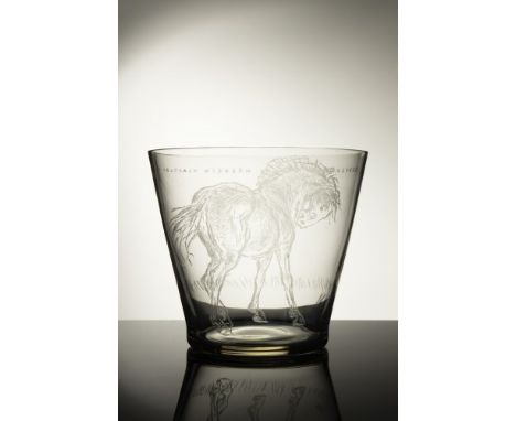 STANISLAV LIBENSKÝ 1921 - 2002: A VASE WITH A HORSE MOTIF 1953 Etched colorless glass 16,5 cm Marked on underside: "K RYBÁČEK