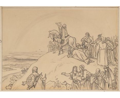 MIKOLÁŠ ALEŠ 1852 - 1913: THE ARRIVAL OF ÈECH AT ŘÍP MOUNTAIN 1895 Pen and ink and pencil drawing on paperboard Signed lower 