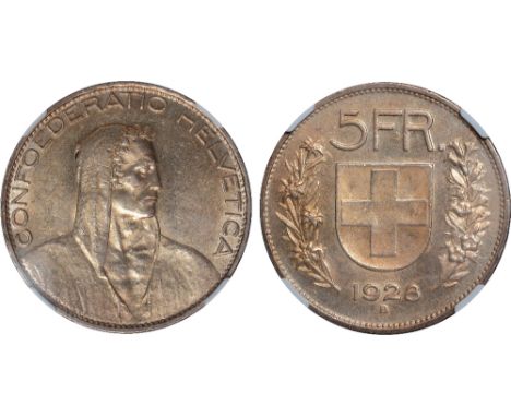 Foreign Coins, Switzerland, 5 francs, 1928B, bust of William Tell r., rev. shield of arms, denomination above, date below (KM