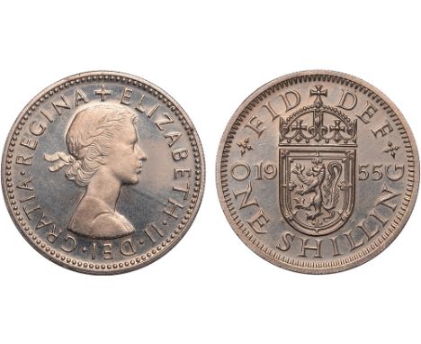 British Coins, Elizabeth II, proof shilling, 1955, ‘Scottish’ reverse, laur. head r., rev. crowned shield of arms with Scotti