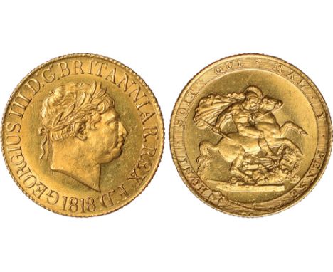 British Coins, George III, sovereign, 1818, ascending colon after BRITANNIAR, laur. head r., rev. St. George and the dragon (