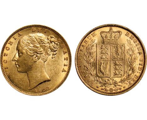 British Coins, Victoria, sovereign, 1853, WW incuse, young head l., rev. crowned shield of arms within wreath (S.3852D), abou