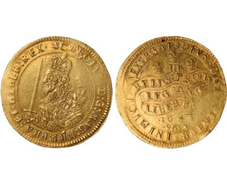 British Coins, Charles I, triple unite, Oxford mint, mm. plumelet on obverse only, 1644, small module, crowned half-length ar