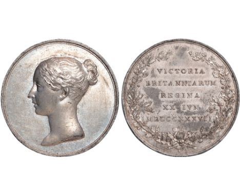 British Medals, Princess Victoria, Her Majority 1837, frosted silver medal, by William Wyon (after R. J. Lane), published by 