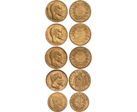 G Foreign Coins, France, Napoleon III, 20 francs (4): 1857A (2); 1858A; 1862A; 10 francs, 1859A, head r., rev. value and date