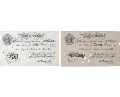 British Banknotes, Operation Bernhard, ten pounds, 10 May 1934, K/135; twenty pounds, 15 July 1935, 50/M prefix, both cancell