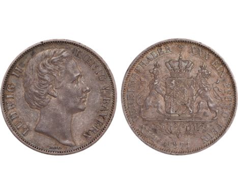 Foreign Coins, Germany, Bavaria, Ludwig II, thaler, 1871, by J. Ries, bare head r., rev. crowned arms with supporters (KM.888
