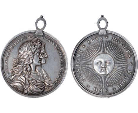 British Medals, James II and Mary of Modena, complimentary silver medal, 1685, by George Bower, conjoined busts r., he laurea