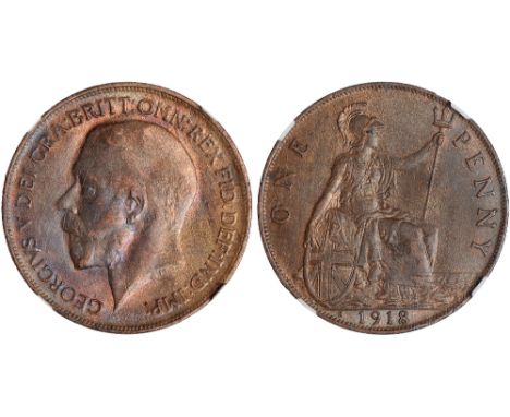 British Coins, George V, penny, 1918H, Heaton mint, bare head l., rev. Britannia std. r., with shield and trident (S.4052), c