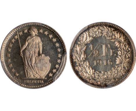 World Coins, Switzerland, specimen ½ franc, 1916B, Helvetia stg. with lance and shield within star border, rev. value and dat