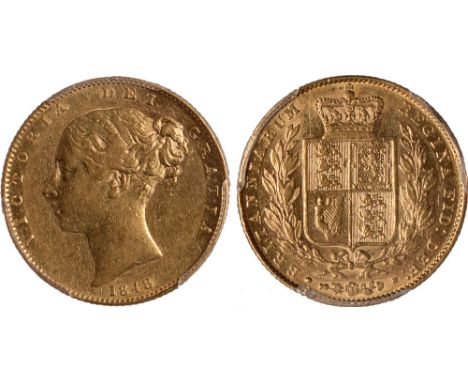 British Coins, Victoria, sovereign, 1848, first (small) young head l., rev. crowned shield of arms within wreath (S.3852; Mar