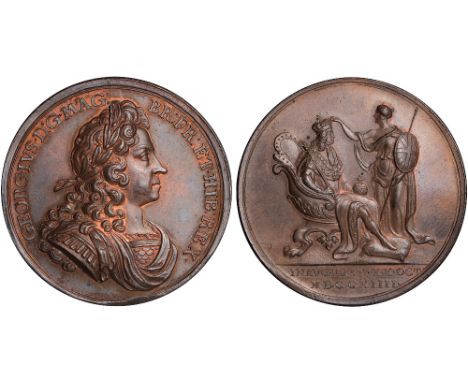 British Medals, George I, Coronation 1714, the official medal, in copper, by John Croker, laureate and armoured bust r., rev.