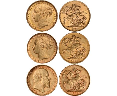G British Coins, Victoria - Edward VII, sovereigns (3): 1879M; 1886M; 1902M, young head l./bare head r., rev. St. George and 