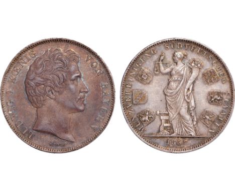 Foreign Coins, Germany, Bavaria, Ludwig I, double thaler, 1837, Monetary Union of Six South German States, bare head r., rev.