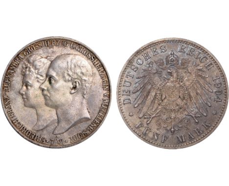 Foreign Coins, Germany, Mecklenburg-Schwerin, Friedrich-Franz IV, 5 marks, 1904A, Wedding, jugate busts l., rev. Imperial eag