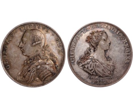 British Medals, George III and Queen Charlotte, Marriage and Coronation 1761, silver medal, by Thomas Pingo, draped and armou