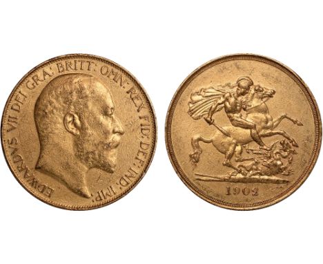 G British Coins, Edward VII, five pounds, 1902, bare head r., rev. St. George and the dragon (S.3965), scuffed, good very fin