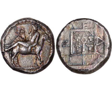 Ancient Coins, Greek, Macedon, Mende (c.450-425 BC), silver tetradrachm, Dionysos in a drunken state, holding a kantharos in 