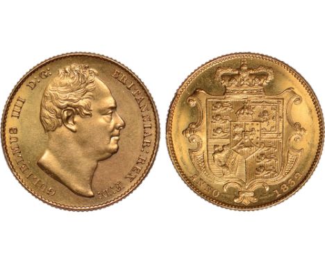 British Coins, William IV, sovereign, 1832, second portrait, bare head r., rev. crowned shield of arms (S.3829B), about uncir