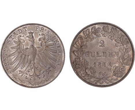 Foreign Coins, Germany, Frankfurt, 2 gulden, 1848, crowned spread eagle, rev. value and date within wreath (KM.333; Dav.642),