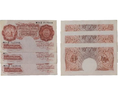 British Banknotes, Misprints and Erros, L. K. O’Brien, ten shillings (3),1955-60, W71Z 717008-717010, middle note with partia