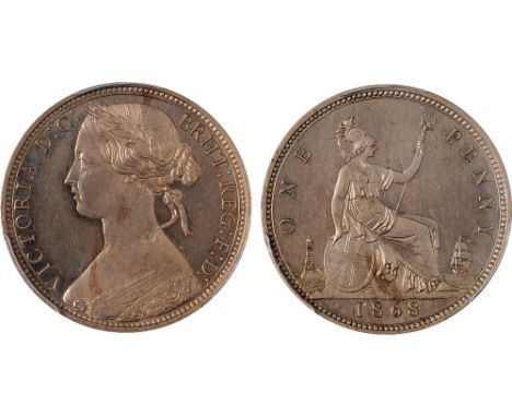 British Coins, Victoria, pattern penny, 1868, in cupro-nickel, young head l., rev. Britannia std. r. with shield and trident 