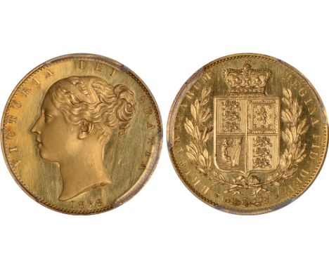 British Coins, Victoria, proof sovereign, 1838, plain edge, young head l., rev. crowned shield of arms within wreath (S.3852;