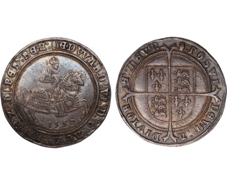 British Coins, Edward VI, fine silver coinage, crown, mm. tun, 1552, crowned figure of king on horseback r., shouldering swor