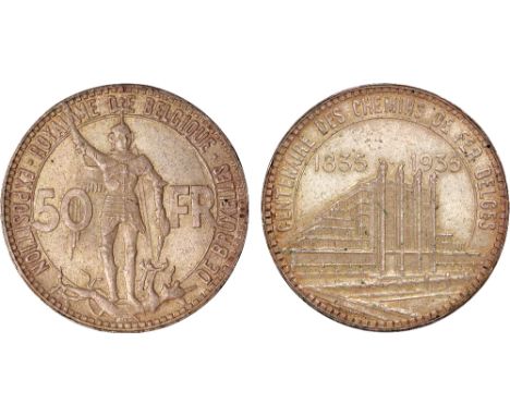 Foreign Coins, Belgium, Albert, 50 francs, 1935, Brussels Exposition and Railway Centennial, St. Michael slaying the dragon, 