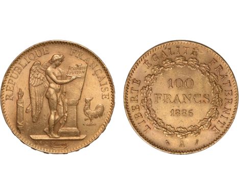 G Foreign Coins, France, Third Republic, 100 francs, 1886A, Genius stg. r., inscribing the constitution on a tablet, rev. val