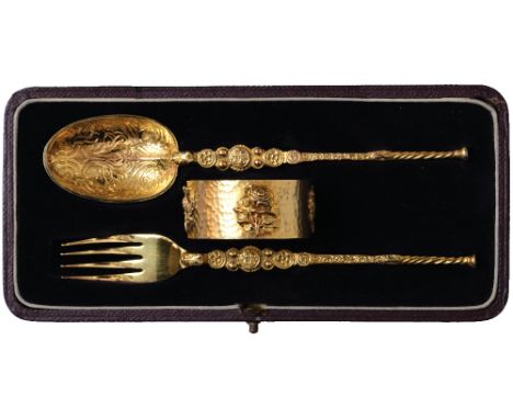 British Medals, A Christening Set of spoon, fork and napkin ring, by Cornelius Desormeaux Saunders & James Francis Hollings (