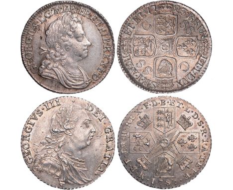 British Coins, George I & George III, shillings (2): 1723 SSC; 1787, laur. bust r., rev. cruciform shields, SSC/crowns in ang