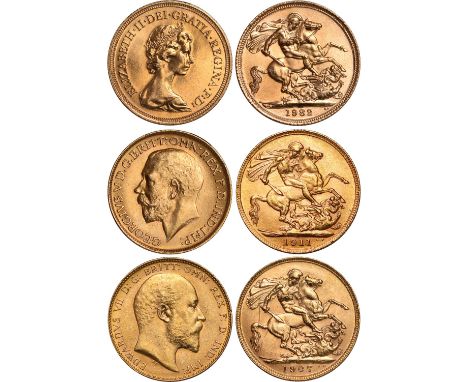 G British Coins, Edward VII - Elizabeth II, sovereigns (3): 1907P; 1911; 1982, bare head l./r. rev. St. George and the dragon
