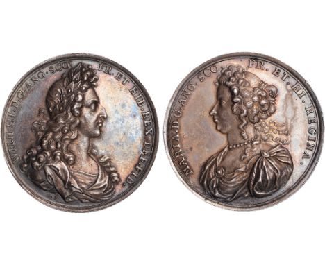 British Medals, William & Mary, Coronation 1689, silver medal, by Georg Hautsch, laureate and draped bust of William r., WILH