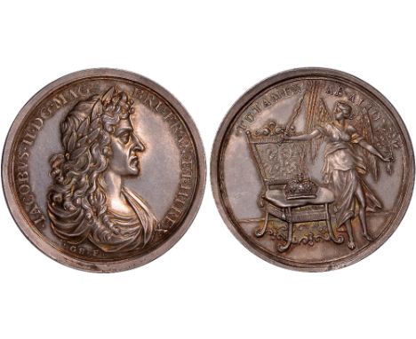 British Medals, James II, Accession and the Throne Protected, 1685, silver medal, by George Bower, laureate bust of the King 