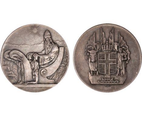 Foreign Coins, Iceland, medallic 10 kronur, 1930, Althing Millennial, ancient king of Thule enthroned blesses kneeling childr