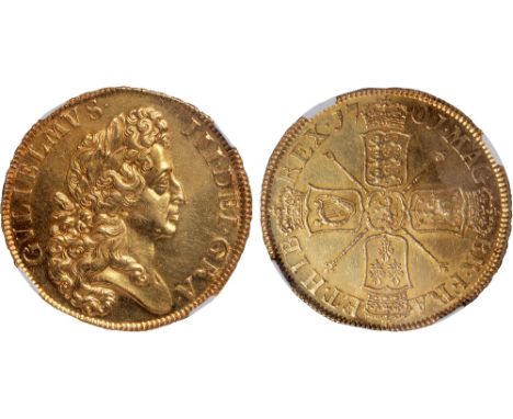 British Coins, William III, 5 Guineas, 1701, laur. bust r., rev. crowned cruciform shields, sceptres in angles (S.3456) very 