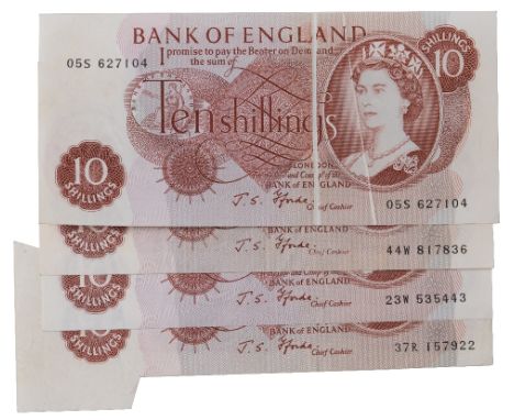 British Banknotes, Misprints and Erros, J. S. Fforde, ten shillings (4), 1967-68, 37R 157922, extra paper lower left side; 05