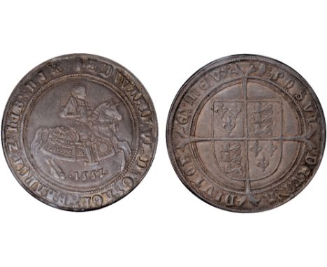 British Coins, Edward VI, fine silver coinage, crown, mm. tun, 1552, crowned figure of king on horseback r., shouldering swor