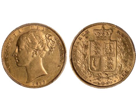 British Coins, Victoria, sovereign, 1859, Ansell, young head l., rev. crowned shield of arms within wreath (S.3852E; Marsh 42