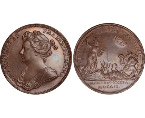 British Medals, Anne, Coronation 1702, the official medal in copper, by John Croker, crowned bust l., variety reads FRA:, rev