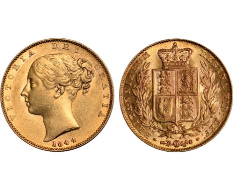 British Coins, Victoria, sovereign, 1844, small 44, young head l., rev. crowned shield of arms within wreath, second I in BRI