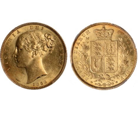 British Coins, Victoria, sovereign, 1852, 5 of date struck over a lower 5, young head l., rev. crowned shield of arms within 