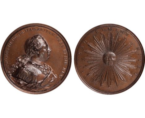 British Medals, George III, Accession 1760, copper medal, by Julien Colibert, laureate bust r., in armour with lion breastpla